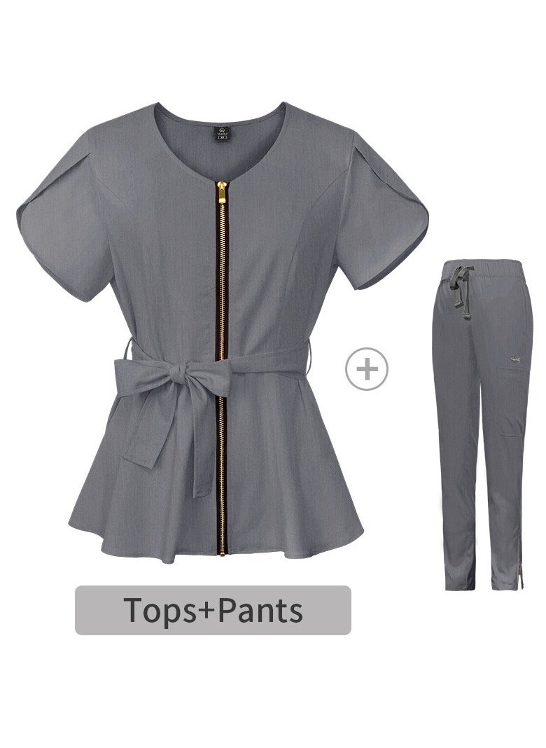 Womens Medical Uniform Scrubs 2 Piece Set Strap Up Waist Zipper Top and Elastic Waist Straight Pants Suit Grey