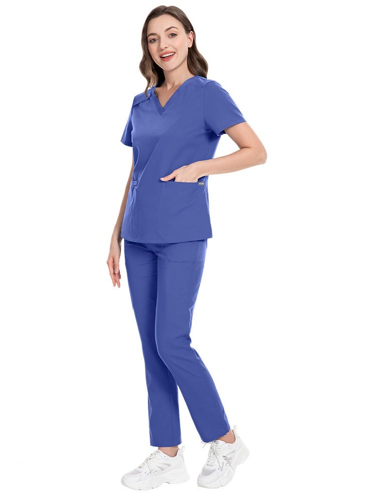 Unisex Medical Uniform Scrubs 2 Piece Set V-Neck Top and Elastic Waist Pants Suit Dark Blue