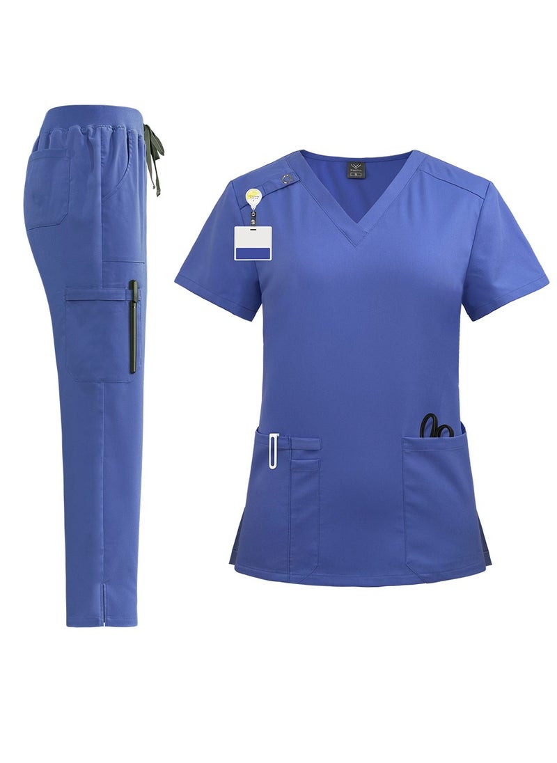 Unisex Medical Uniform Scrubs 2 Piece Set V-Neck Top and Elastic Waist Pants Suit Dark Blue