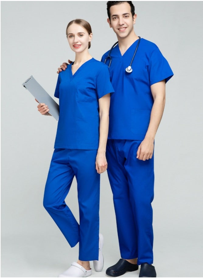 Unisex Loose Medical Uniform Scrubs 2 Piece Set V-Neck Top and Elastic Waist Pants Suit Royal Blue