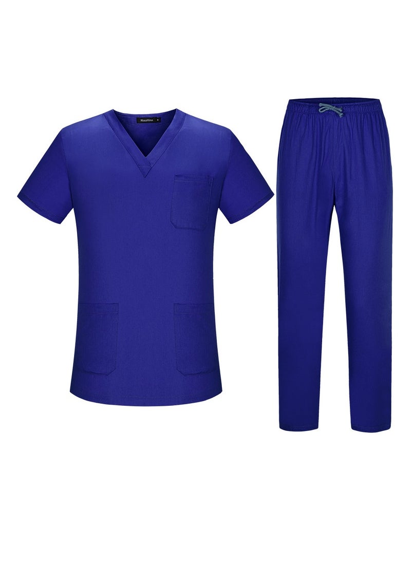 Unisex Loose Medical Uniform Scrubs 2 Piece Set V-Neck Top and Elastic Waist Pants Suit Royal Blue