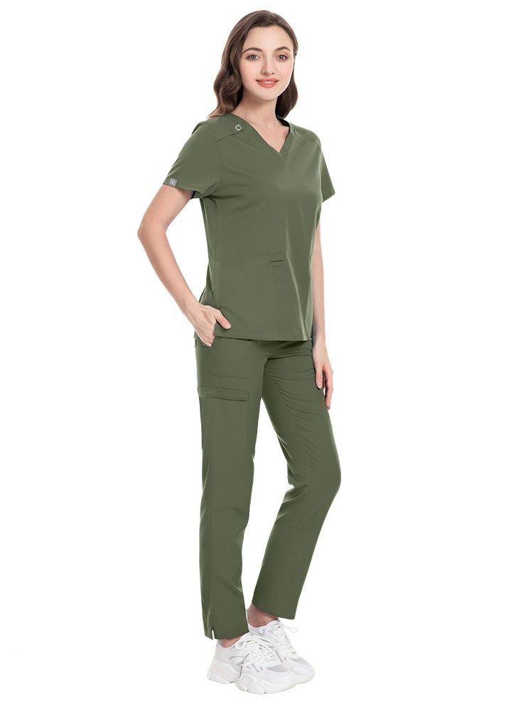 Unisex Medical Uniform Scrubs 2 Piece Set V-Neck Top and Elastic Waist Pants Suit Olive Green