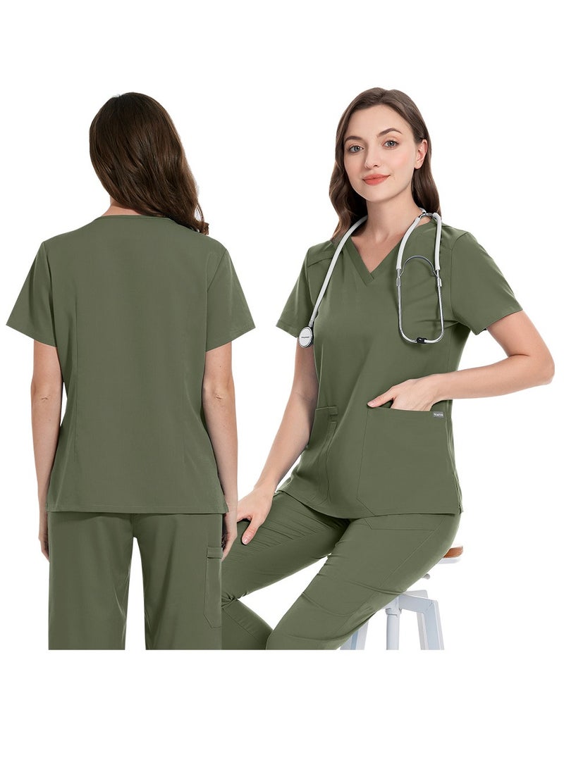 Unisex Medical Uniform Scrubs 2 Piece Set V-Neck Top and Elastic Waist Pants Suit Olive Green