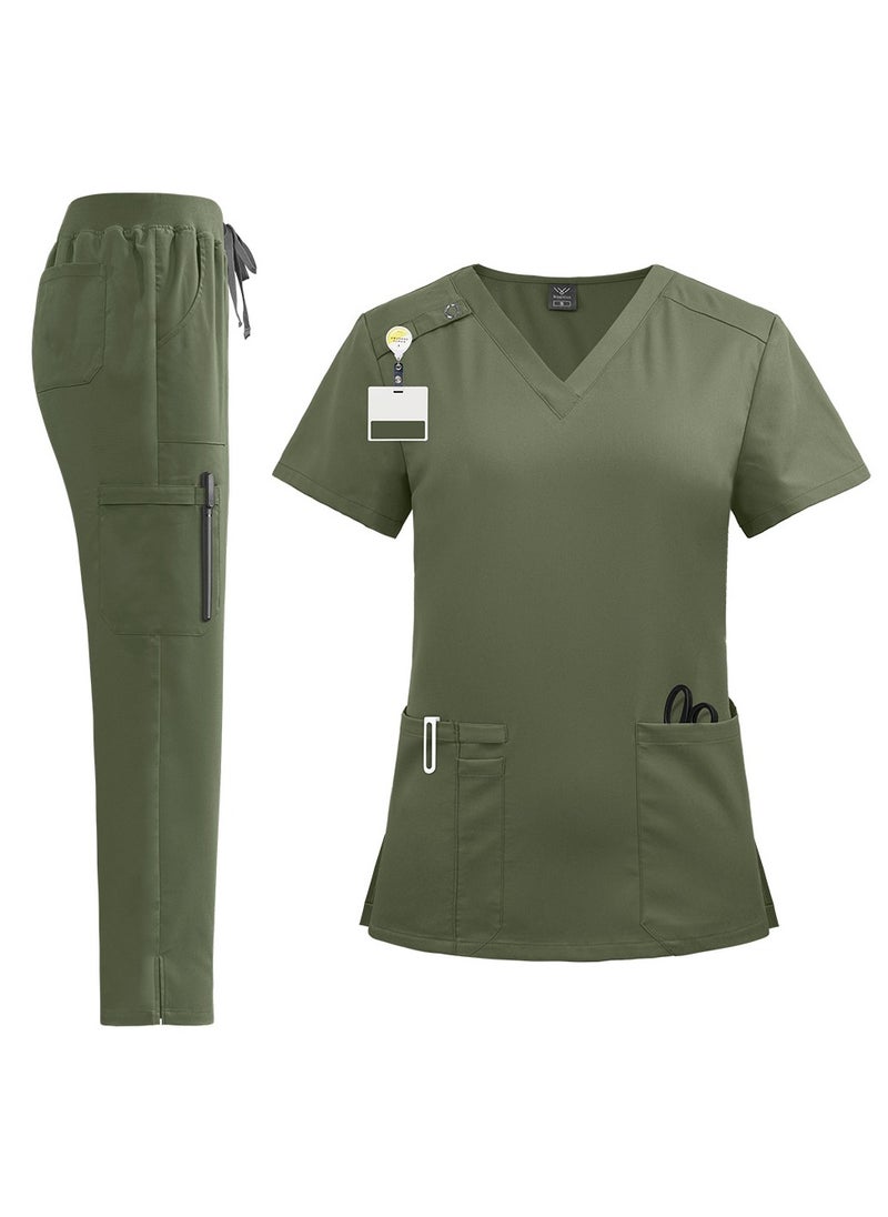 Unisex Medical Uniform Scrubs 2 Piece Set V-Neck Top and Elastic Waist Pants Suit Olive Green