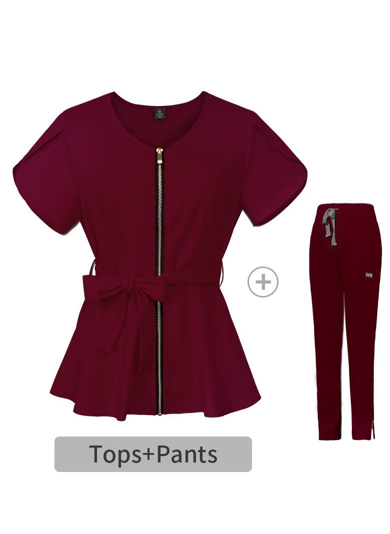 Womens Medical Uniform Scrubs 2 Piece Set Strap Up Waist Zipper Top and Elastic Waist Straight Pants Suit Wine Red