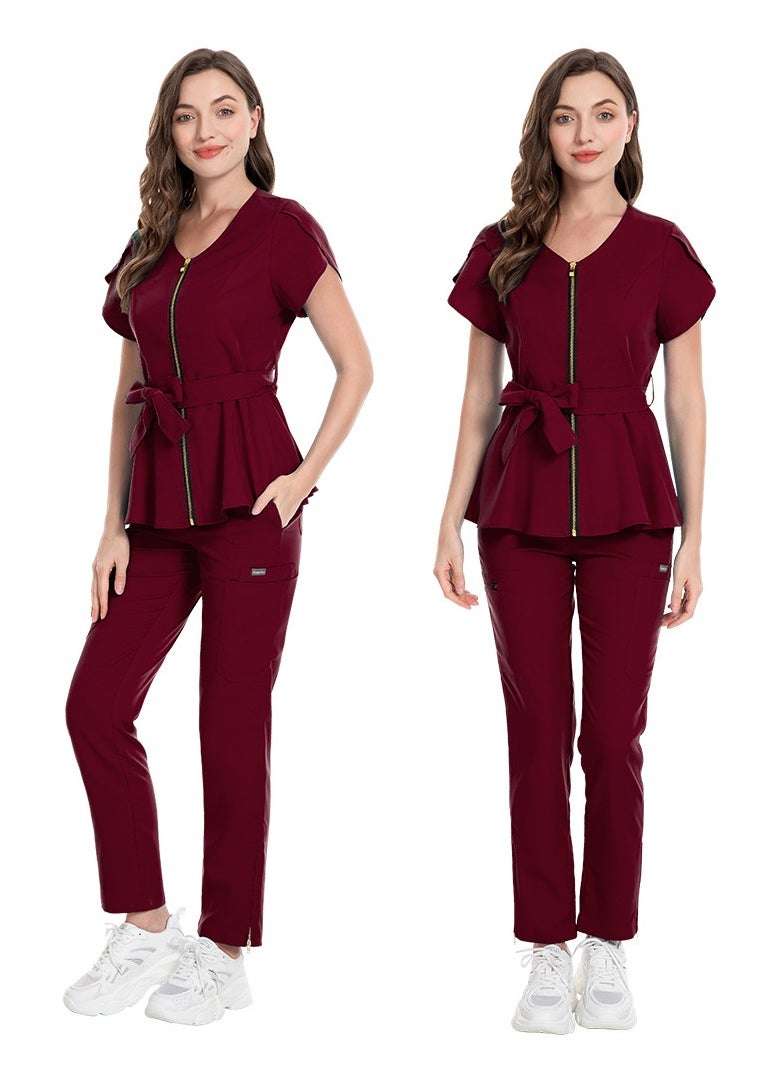 Womens Medical Uniform Scrubs 2 Piece Set Strap Up Waist Zipper Top and Elastic Waist Straight Pants Suit Wine Red