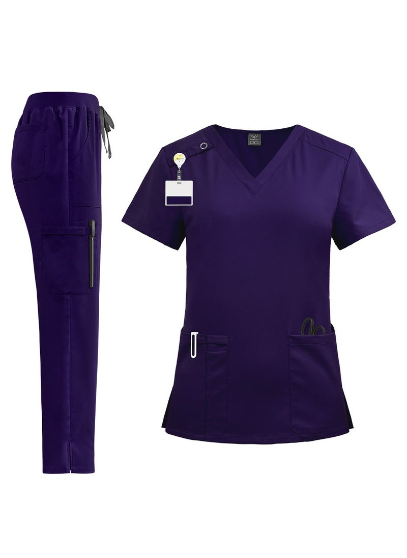 Unisex Medical Uniform Scrubs 2 Piece Set V-Neck Top and Elastic Waist Pants Suit Dark Purple