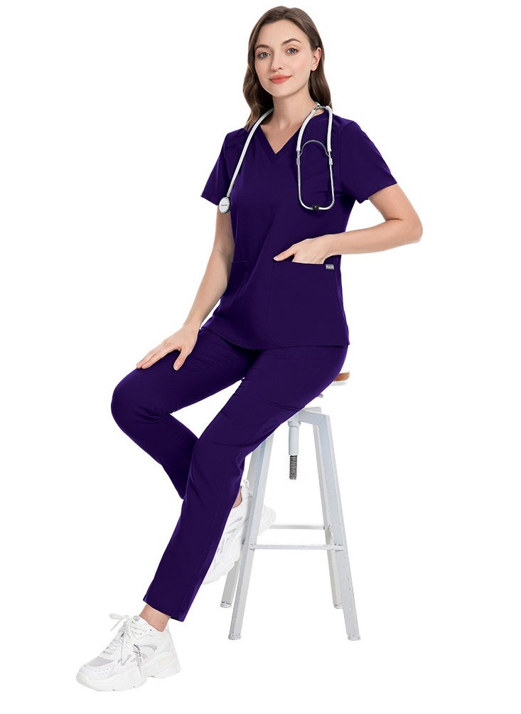 Unisex Medical Uniform Scrubs 2 Piece Set V-Neck Top and Elastic Waist Pants Suit Dark Purple