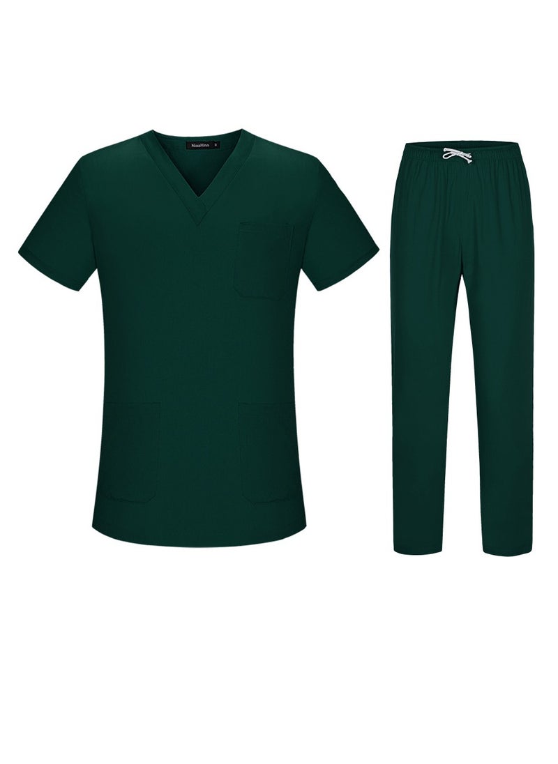 Unisex Loose Medical Uniform Scrubs 2 Piece Set V-Neck Top and Elastic Waist Pants Suit Dark Green