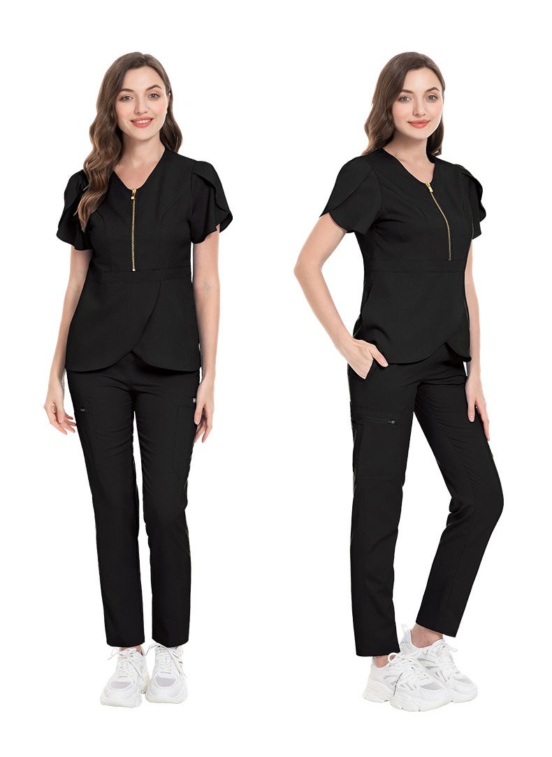 Womens Slim Fit Medical Uniform Scrubs 2 Piece Set V-Neck Zipper Top and Elastic Waist Pants Suit Black