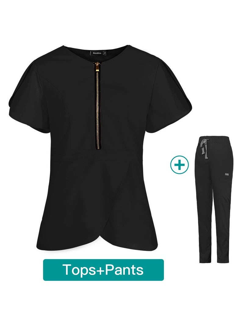 Womens Slim Fit Medical Uniform Scrubs 2 Piece Set V-Neck Zipper Top and Elastic Waist Pants Suit Black