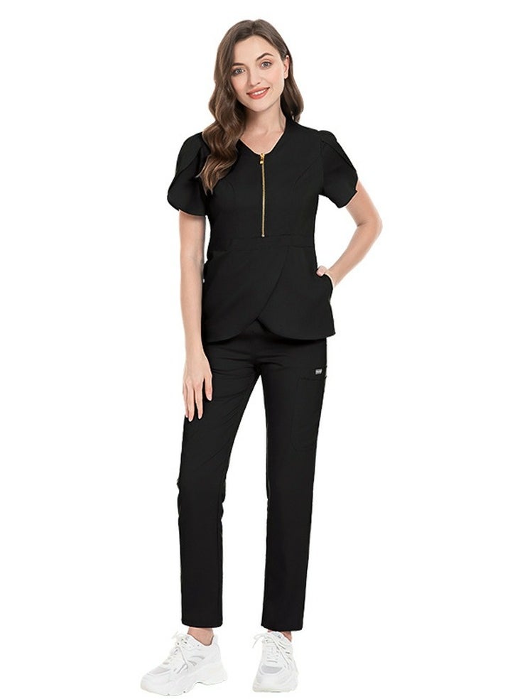 Womens Slim Fit Medical Uniform Scrubs 2 Piece Set V-Neck Zipper Top and Elastic Waist Pants Suit Black