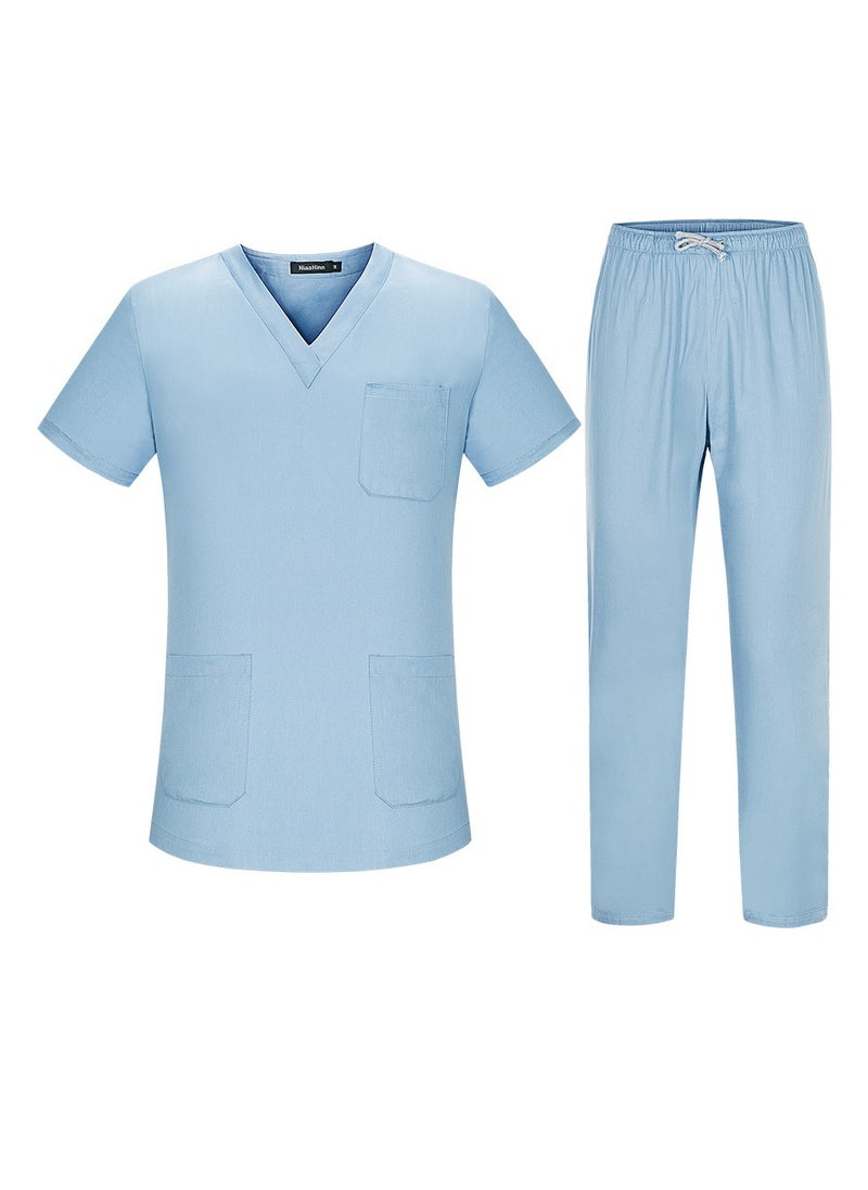 Unisex Loose Medical Uniform Scrubs 2 Piece Set V-Neck Top and Elastic Waist Pants Suit Pale Blue