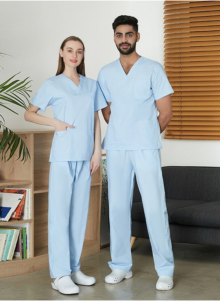 Unisex Loose Medical Uniform Scrubs 2 Piece Set V-Neck Top and Elastic Waist Pants Suit Pale Blue