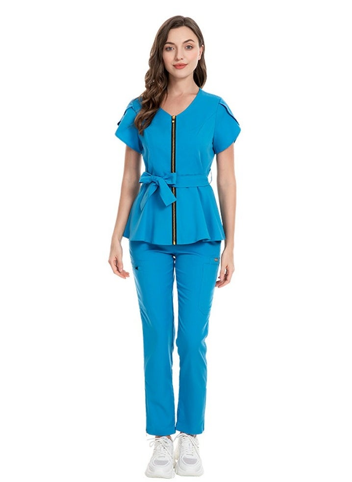 Womens Medical Uniform Scrubs 2 Piece Set Strap Up Waist Zipper Top and Elastic Waist Straight Pants Suit Blue