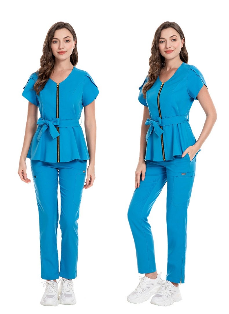 Womens Medical Uniform Scrubs 2 Piece Set Strap Up Waist Zipper Top and Elastic Waist Straight Pants Suit Blue