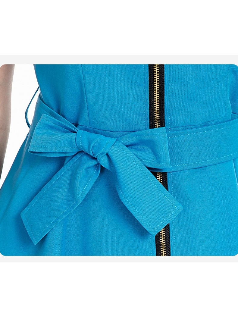 Womens Medical Uniform Scrubs 2 Piece Set Strap Up Waist Zipper Top and Elastic Waist Straight Pants Suit Blue