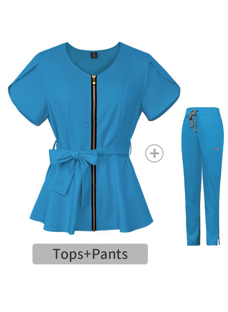 Womens Medical Uniform Scrubs 2 Piece Set Strap Up Waist Zipper Top and Elastic Waist Straight Pants Suit Blue