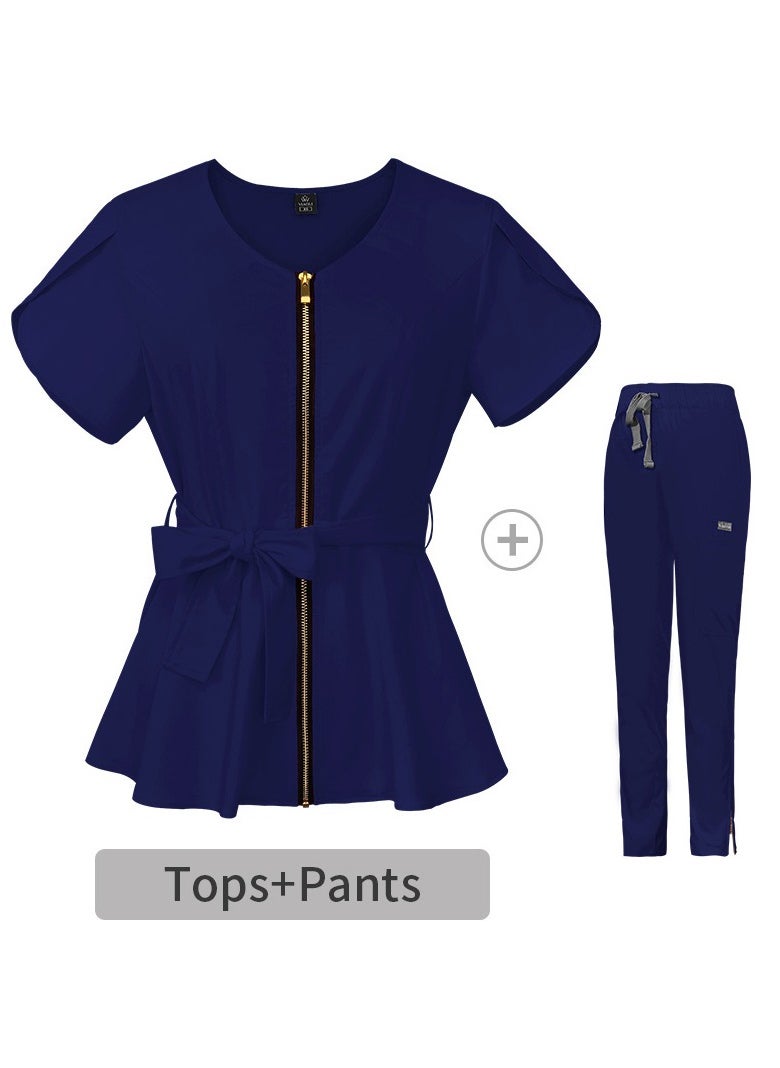 Womens Medical Uniform Scrubs 2 Piece Set Strap Up Waist Zipper Top and Elastic Waist Straight Pants Suit Navy Blue