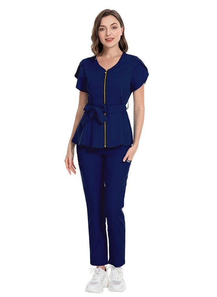 Womens Medical Uniform Scrubs 2 Piece Set Strap Up Waist Zipper Top and Elastic Waist Straight Pants Suit Navy Blue