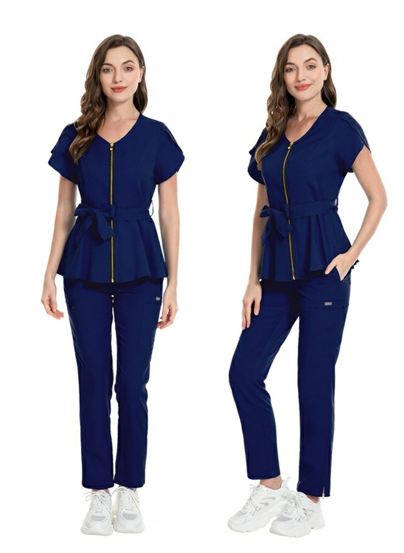 Womens Medical Uniform Scrubs 2 Piece Set Strap Up Waist Zipper Top and Elastic Waist Straight Pants Suit Navy Blue