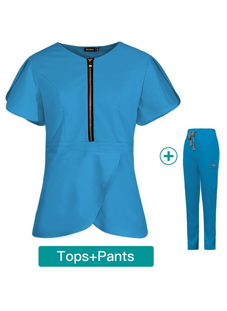 Womens Slim Fit Medical Uniform Scrubs 2 Piece Set V-Neck Zipper Top and Elastic Waist Pants Suit Blue