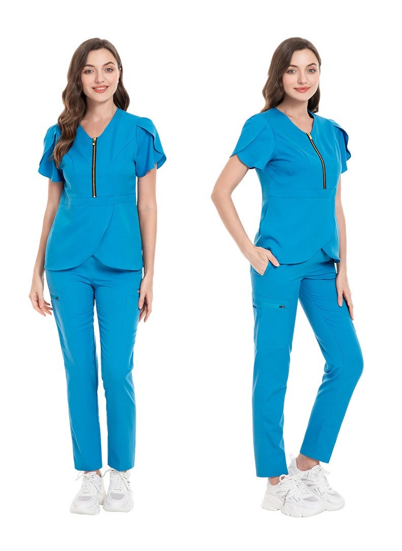 Womens Slim Fit Medical Uniform Scrubs 2 Piece Set V-Neck Zipper Top and Elastic Waist Pants Suit Blue