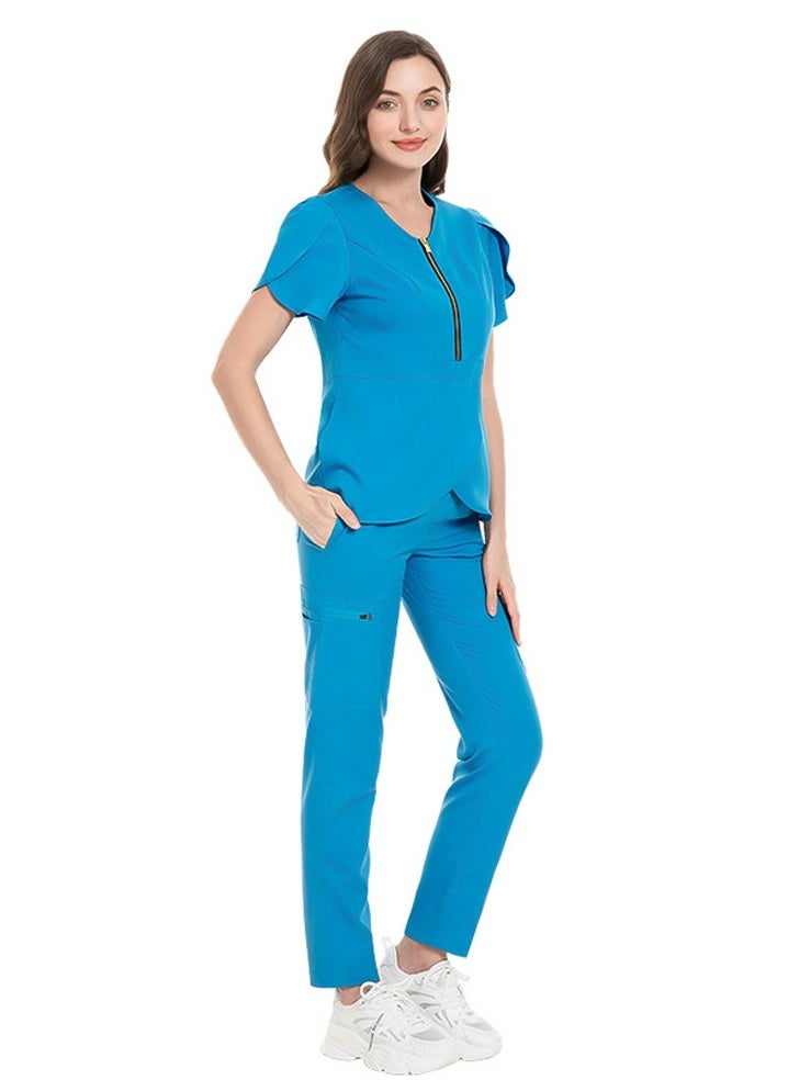 Womens Slim Fit Medical Uniform Scrubs 2 Piece Set V-Neck Zipper Top and Elastic Waist Pants Suit Blue