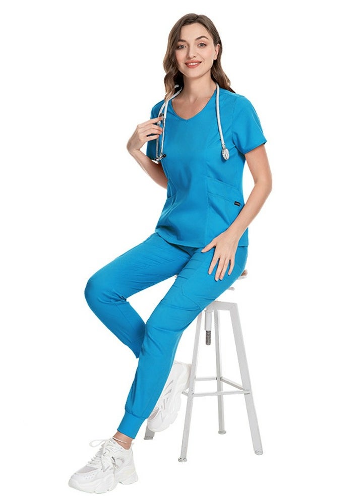 Medical Uniform Scrubs 2 Piece Set V-Neck Top and Elastic Waist Jogger Pants Suit Blue