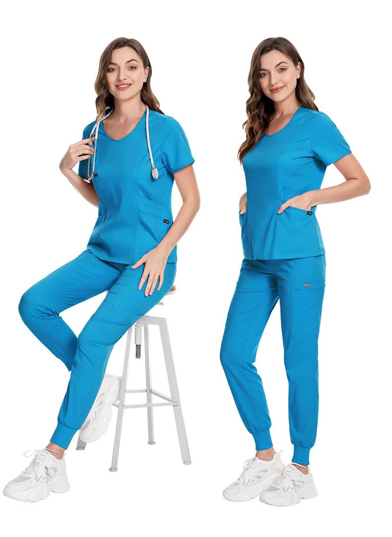Medical Uniform Scrubs 2 Piece Set V-Neck Top and Elastic Waist Jogger Pants Suit Blue