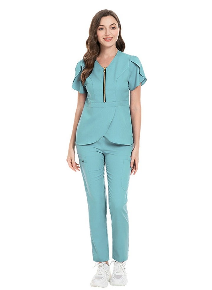 Womens Slim Fit Medical Uniform Scrubs 2 Piece Set V-Neck Zipper Top and Elastic Waist Pants Suit Light Blue