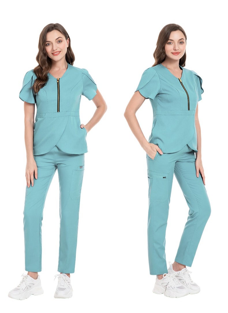 Womens Slim Fit Medical Uniform Scrubs 2 Piece Set V-Neck Zipper Top and Elastic Waist Pants Suit Light Blue