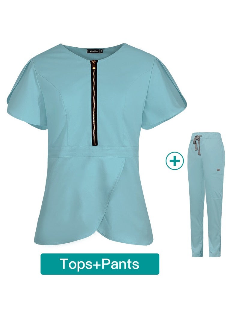 Womens Slim Fit Medical Uniform Scrubs 2 Piece Set V-Neck Zipper Top and Elastic Waist Pants Suit Light Blue