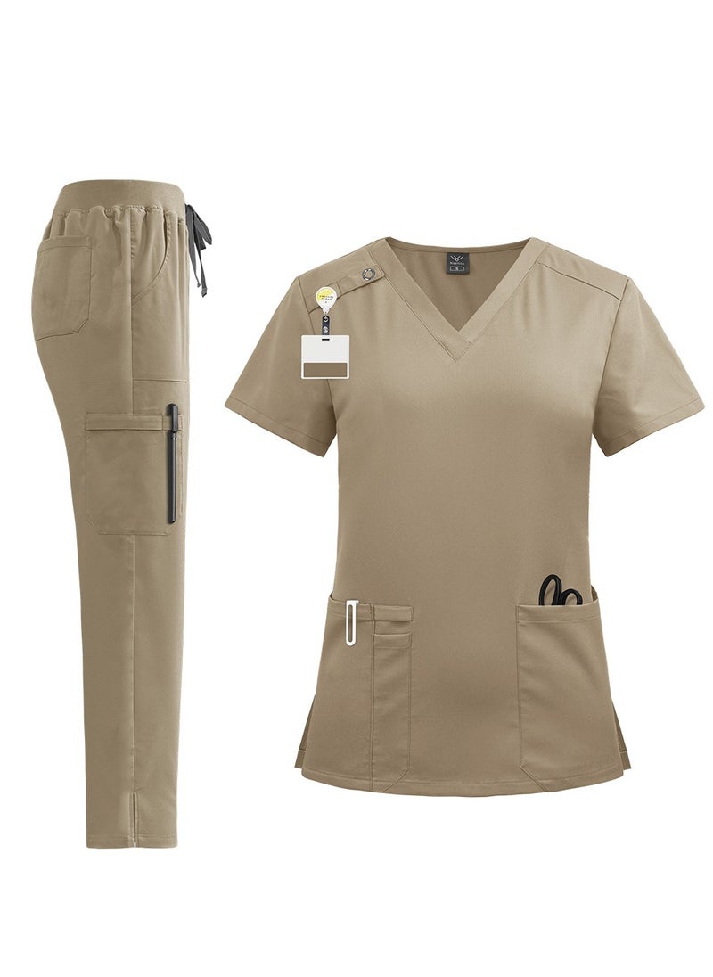 Unisex Medical Uniform Scrubs 2 Piece Set V-Neck Top and Elastic Waist Pants Suit Light Brown