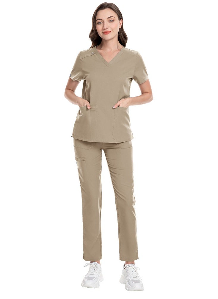 Unisex Medical Uniform Scrubs 2 Piece Set V-Neck Top and Elastic Waist Pants Suit Light Brown