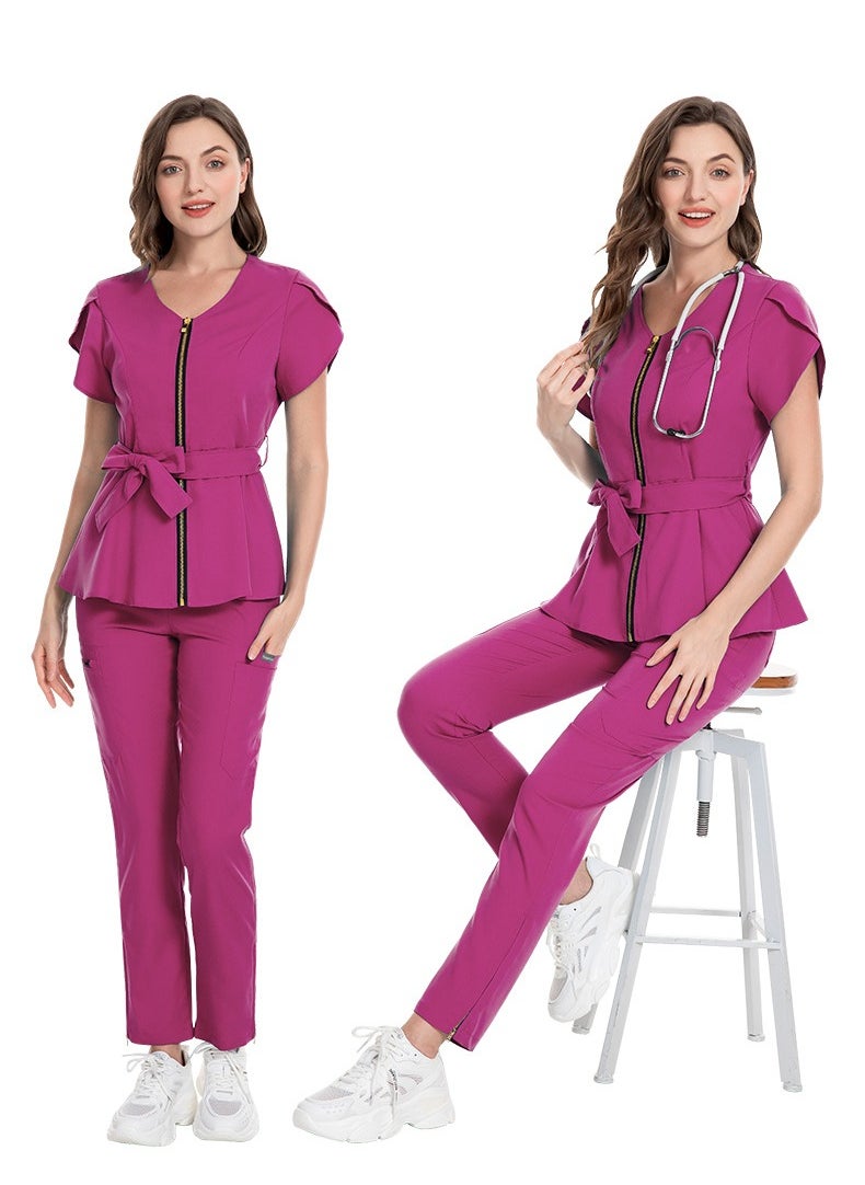 Womens Medical Uniform Scrubs 2 Piece Set Strap Up Waist Zipper Top and Elastic Waist Straight Pants Suit Rose Pink