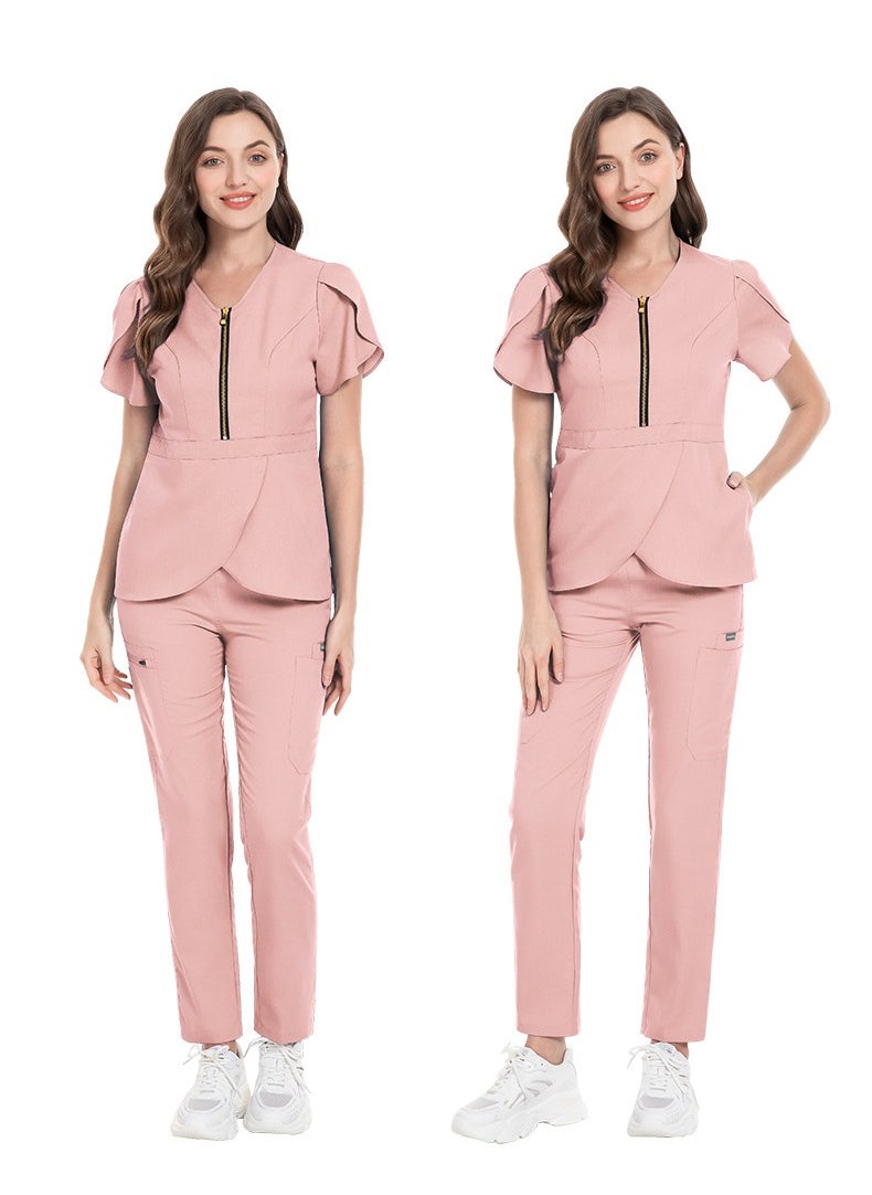 Womens Slim Fit Medical Uniform Scrubs 2 Piece Set V-Neck Zipper Top and Elastic Waist Pants Suit Pink