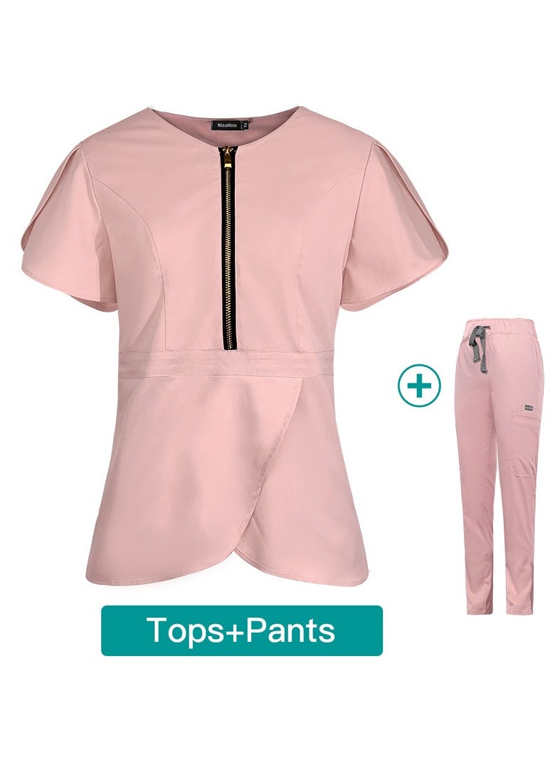 Womens Slim Fit Medical Uniform Scrubs 2 Piece Set V-Neck Zipper Top and Elastic Waist Pants Suit Pink