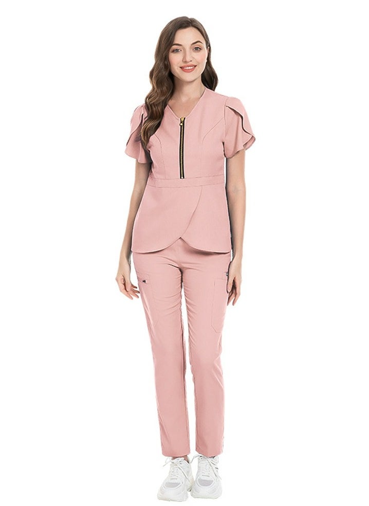 Womens Slim Fit Medical Uniform Scrubs 2 Piece Set V-Neck Zipper Top and Elastic Waist Pants Suit Pink