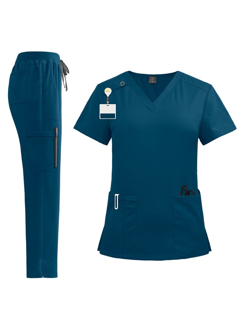 Unisex Medical Uniform Scrubs 2 Piece Set V-Neck Top and Elastic Waist Pants Suit Azure Blue