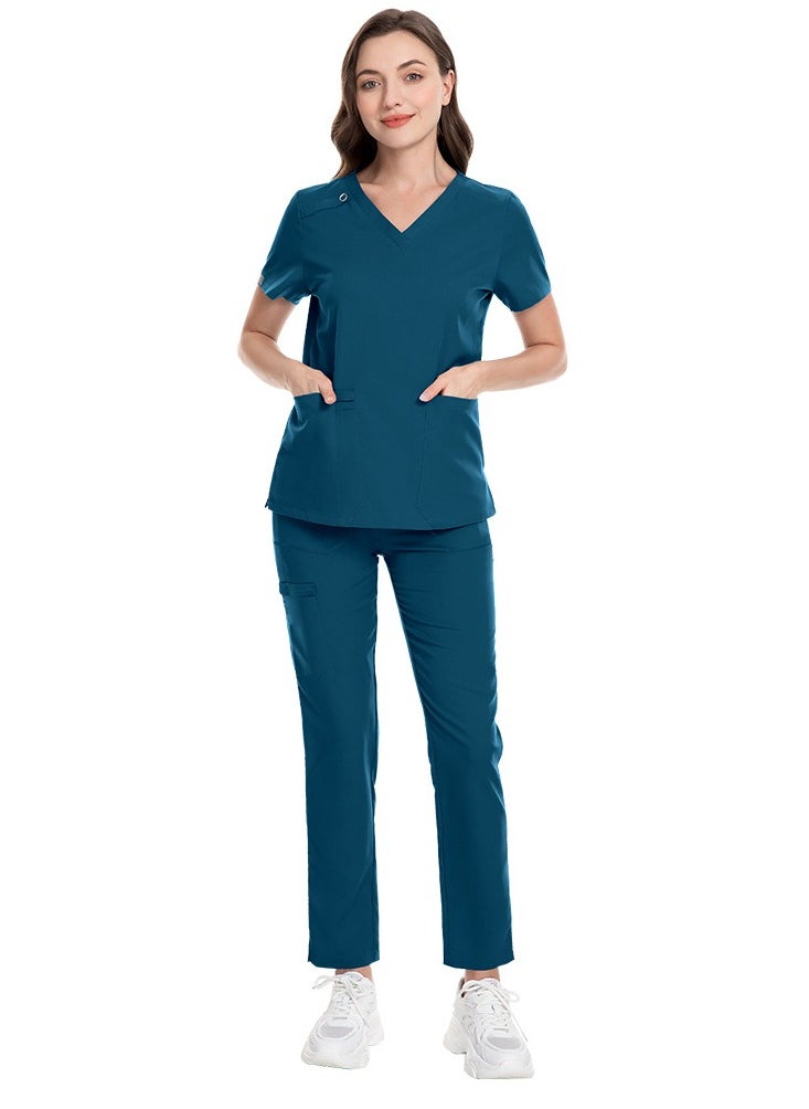 Unisex Medical Uniform Scrubs 2 Piece Set V-Neck Top and Elastic Waist Pants Suit Azure Blue