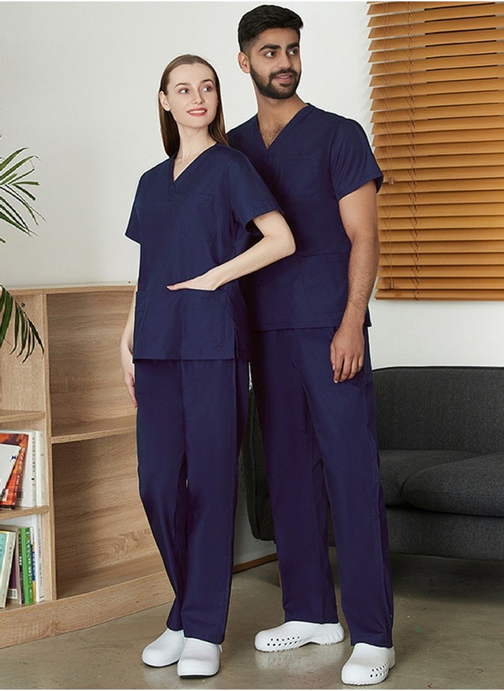 Unisex Loose Medical Uniform Scrubs 2 Piece Set V-Neck Top and Elastic Waist Pants Suit Navy Blue