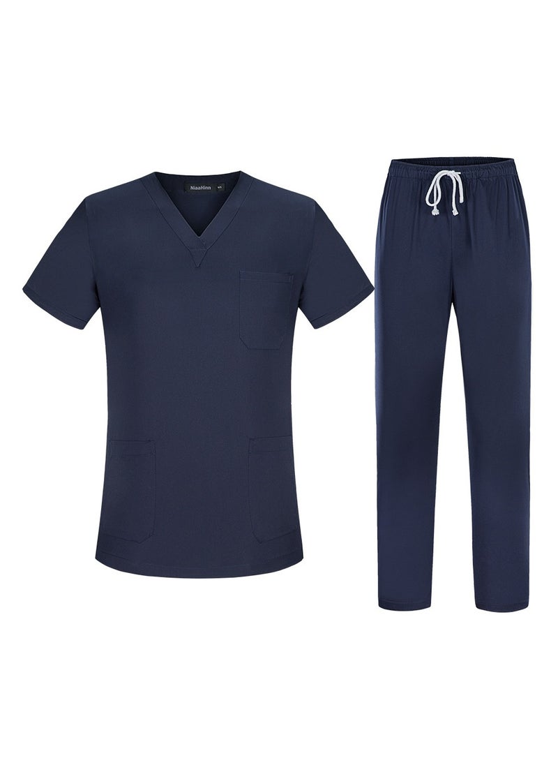 Unisex Loose Medical Uniform Scrubs 2 Piece Set V-Neck Top and Elastic Waist Pants Suit Navy Blue