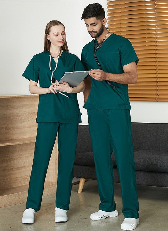 Medical Uniform Scrubs 2 Piece Set V-Neck Top and Elastic Waist Straight Pants Suit Dark Green