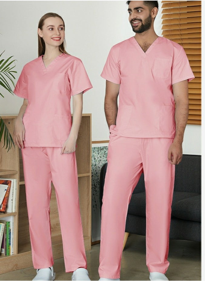 Medical Uniform Scrubs 2 Piece Set V-Neck Top and Elastic Waist Straight Pants Suit Pink