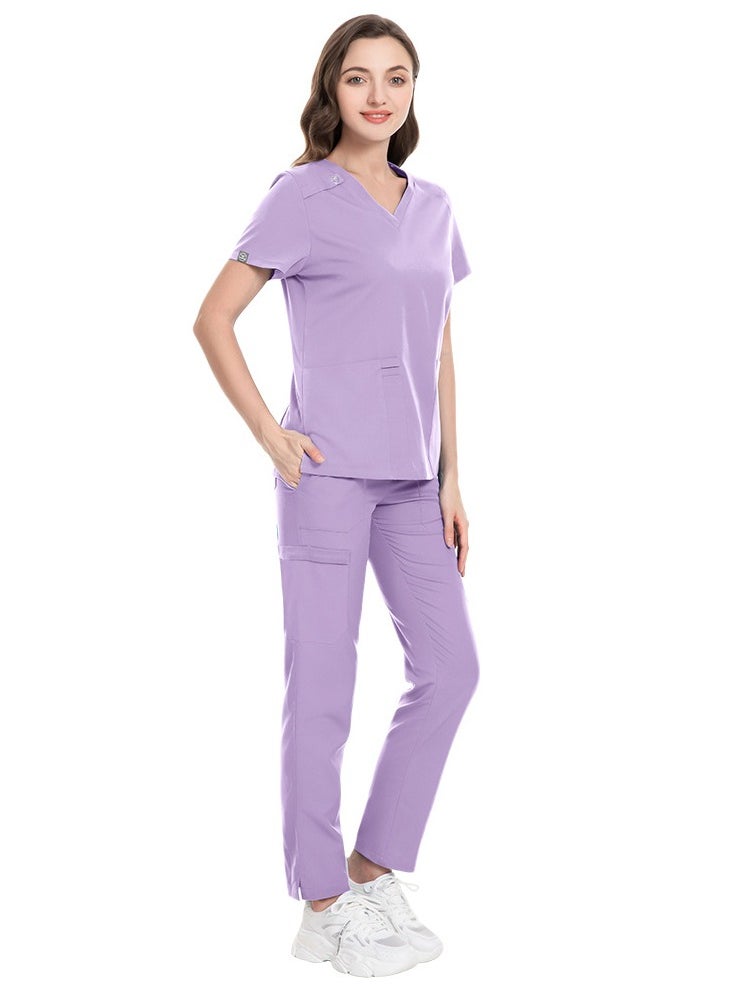 Unisex Medical Uniform Scrubs 2 Piece Set V-Neck Top and Elastic Waist Pants Suit Purple