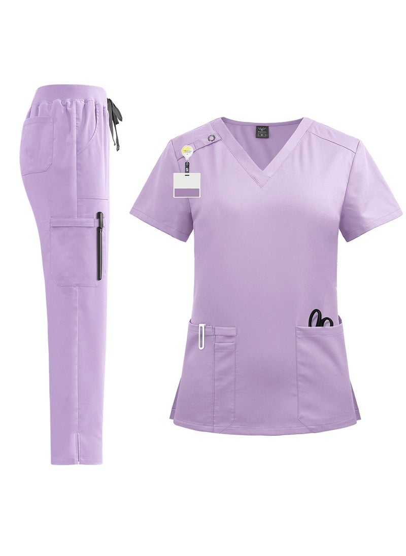 Unisex Medical Uniform Scrubs 2 Piece Set V-Neck Top and Elastic Waist Pants Suit Purple