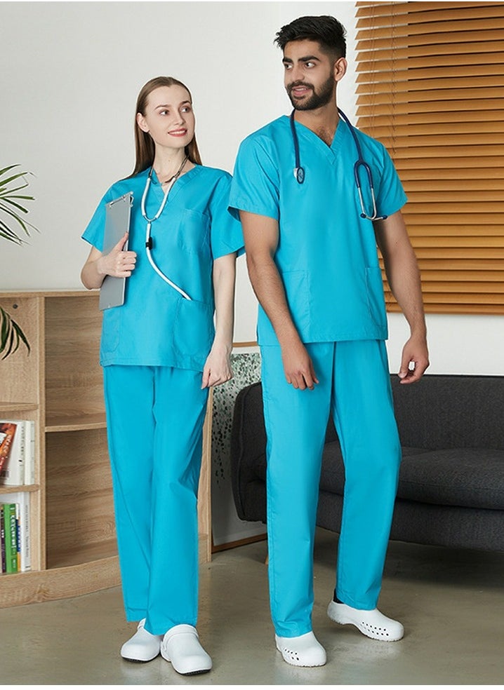 Medical Uniform Scrubs 2 Piece Set V-Neck Top and Elastic Waist Straight Pants Suit Lake Blue