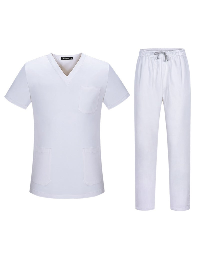 Unisex Loose Medical Uniform Scrubs 2 Piece Set V-Neck Top and Elastic Waist Pants Suit White