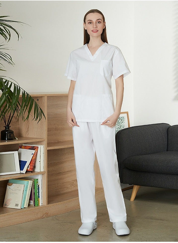 Unisex Loose Medical Uniform Scrubs 2 Piece Set V-Neck Top and Elastic Waist Pants Suit White